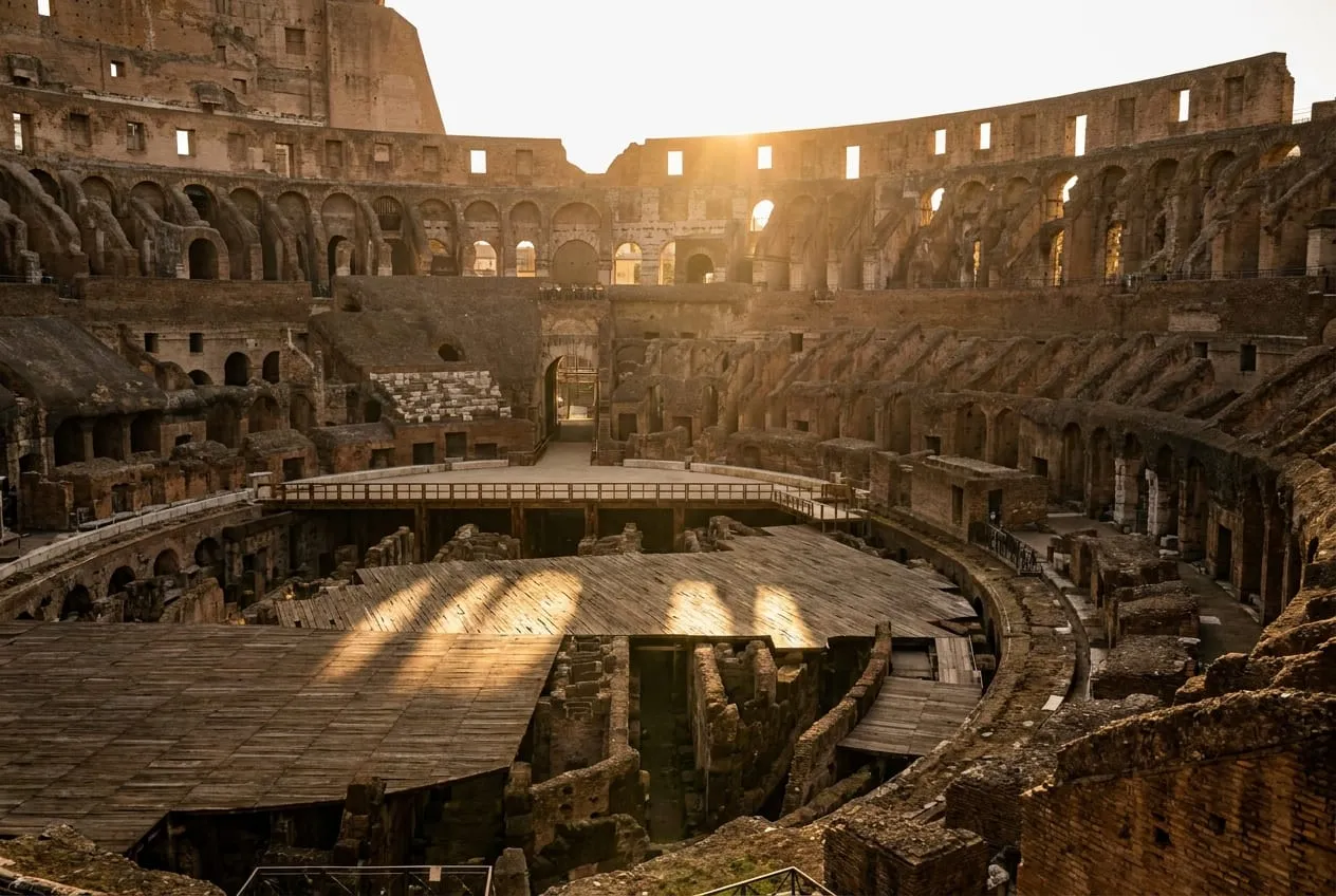 The Colosseum's outer arcade above a level modern walkway leading to the north-side entrances