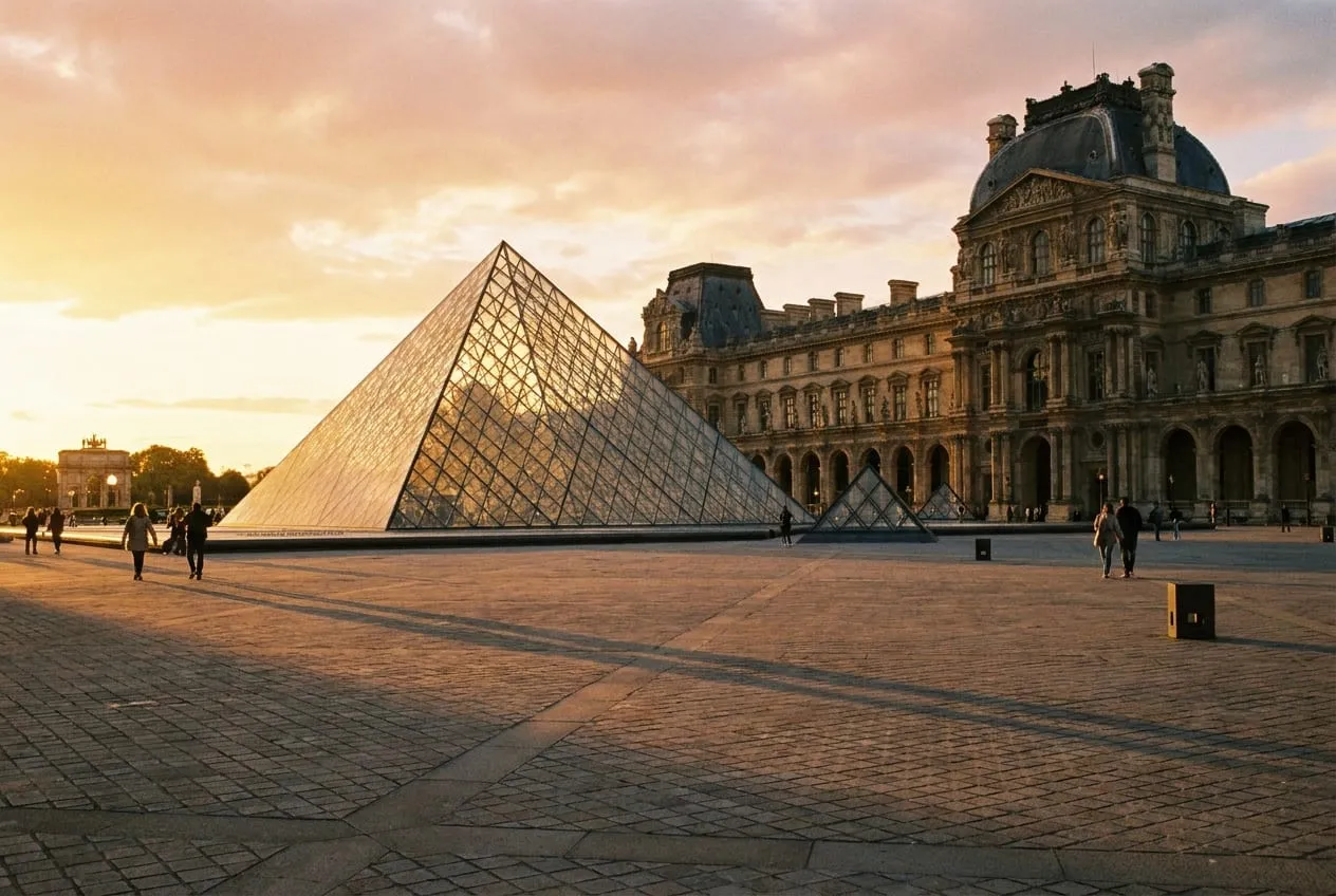 La Piramide di vetro che si erge dalla Cour Napoléon, pavimentata e pianeggiante, al Museo del Louvre