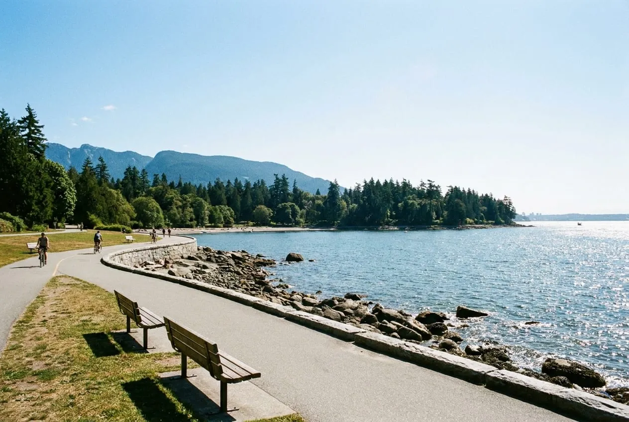 Le seawall pavé de Vancouver longeant le front de mer, avec les montagnes de la rive nord en arrière-plan