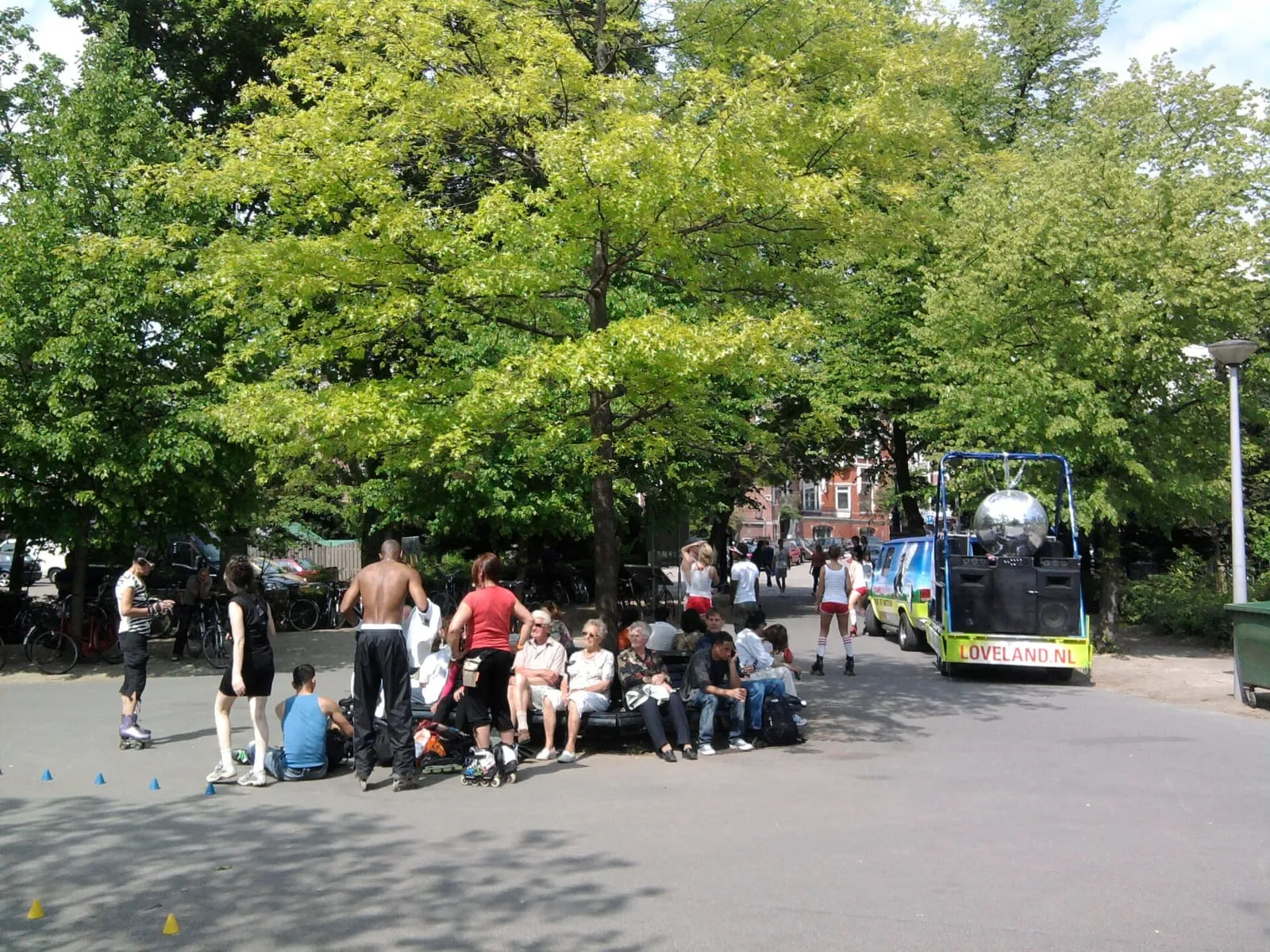 Une large allée en asphalte lisse serpentant entre pelouses et arbres centenaires dans le Vondelpark